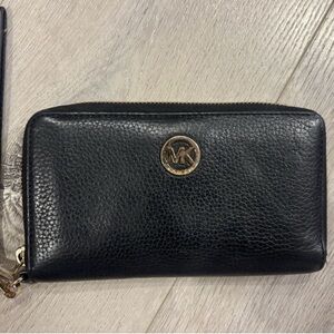 Michael Kors Black Pebbled Leather Zip Around Wallet